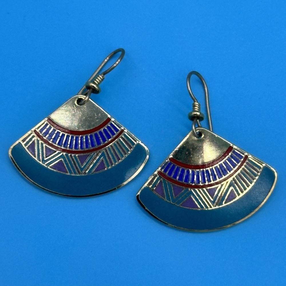 Vintage Laurel‎ Burch Enamel Dangle Earrings Mali Fan Turquoise Gold Excellent